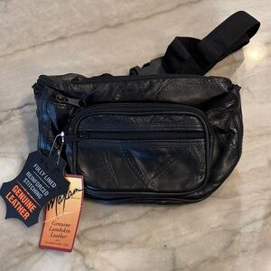 Black genuine Italian Leather belt Bag/fanny pack